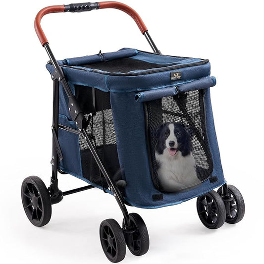 Scout 4 Wheels Pet Stroller for Small/Medium Dogs- One Button Fold, Adjustable Mesh Windows and Shades, 360° Swivel Front Wheels and Rear Wheel Brake, Navy Blue