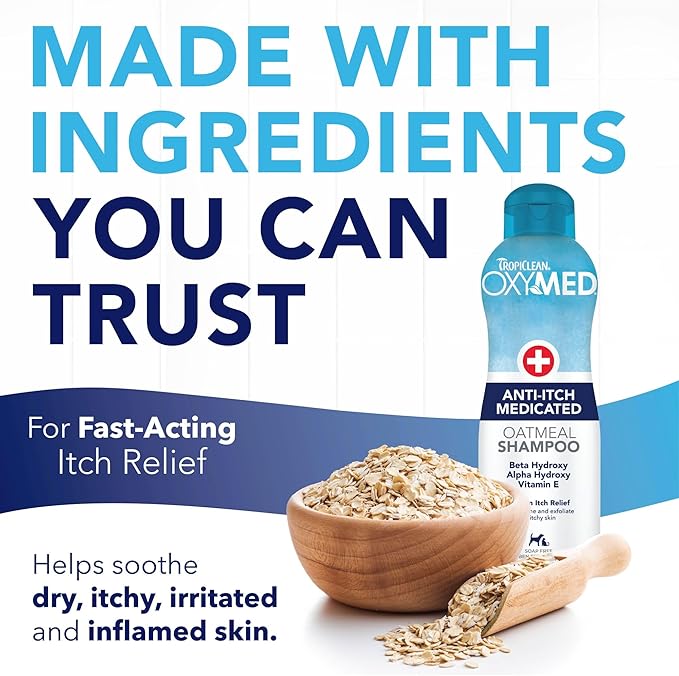 TropiClean OxyMed Dog Shampoo for Allergies and Itching , Medicated Oatmeal Shampoo for Dry Itchy Skin, Seborrhea, & Hot Spots, Cat Safe, 20oz.