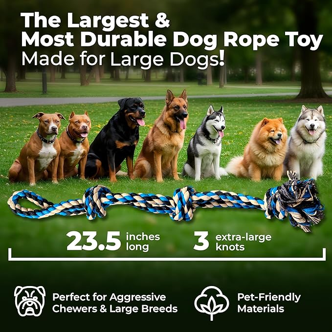 Pacific Pups Products Large Dog Rope Toy for Large Dogs - 23.5" Dog Tug of War Toy - Durable Big Pull Rope for Aggressive Chewers & Teething Puppies