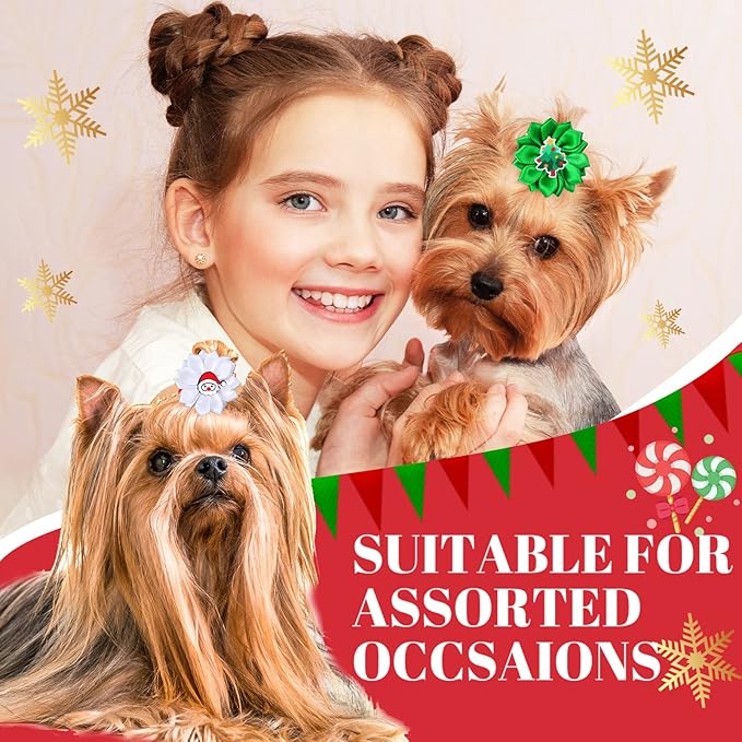 Sadnyy 60 Pack Christmas Dog Hair Bows Christmas Flower Bows with Rubber Bands Puppy Bows Hair Accessories Dog Bows Grooming for Small to Large Dogs Cats Pets (Snowman)