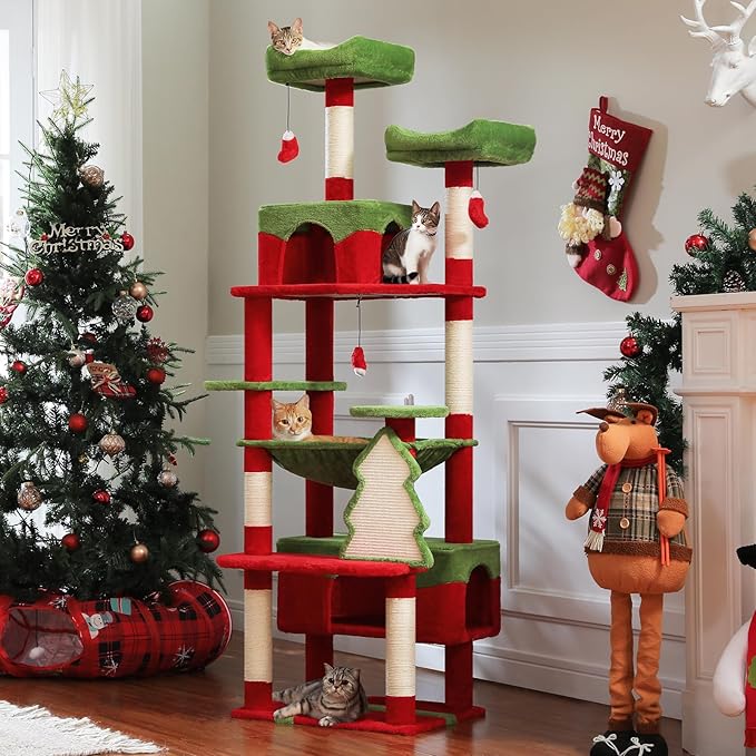 PAWZ Road Christmas Cat Tree, 72 Inches Tall Cat Tower with 2 Perches, 2 Condos and Spacious Hammock, Attractive Cat House with Xmas Tree Scratcher, 7 Scratching Posts for Large Cats