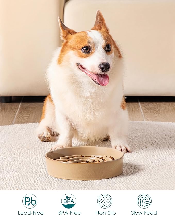 vancasso Slow Feeder Dog Bowl, 1.5 Cup Ceramic Slow Feeding Food Dish for Small and Medium Breed, Puzzle Dog Food Bowl for Fast Eater, Brown