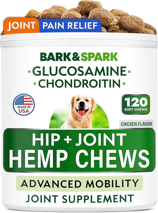 Hemp Hip & Joint Supplement for Dogs - Glucosamine for Dogs - Dog Joint Pain Relief Treats - Chondroitin, MSM - Mobility & Flexibility Support - Advanced Joint Care & Health - Made in USA