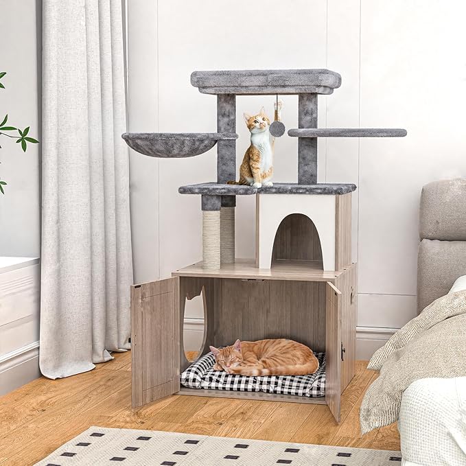 Litter Box Enclosure with Cat Tree,Cat Tree with Litter Box Enclosure,Hidden Pet Washroom Furniture with Sisal Scratching Post,Hammocks,Condo,Multiple Platform,Soft Plush Perch, Grey
