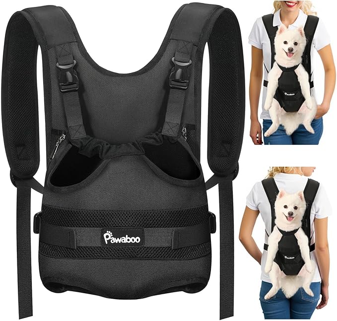 Pawaboo Pet Dog Front Carrier Backpacks, Legs Out Pet Carrier Backpack for Dogs, Adjustable Easy-fit Dog Chest Carriers for Small Medium Dogs Hands Free for Travel Hiking Cycling Camping, L, Black