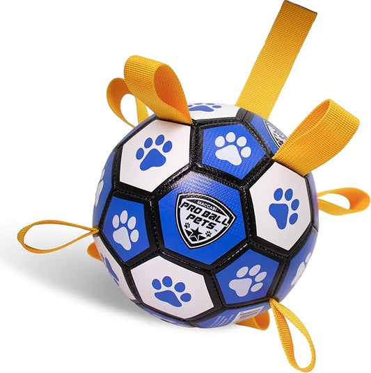 ProBall Pets Interactive Dog Soccer Ball with Grab Tabs - Floats on Water, Fetch & Training Toy for Small Medium Dogs, Herding Breeds - Waterproof Non-Toxic - 6" Blue White