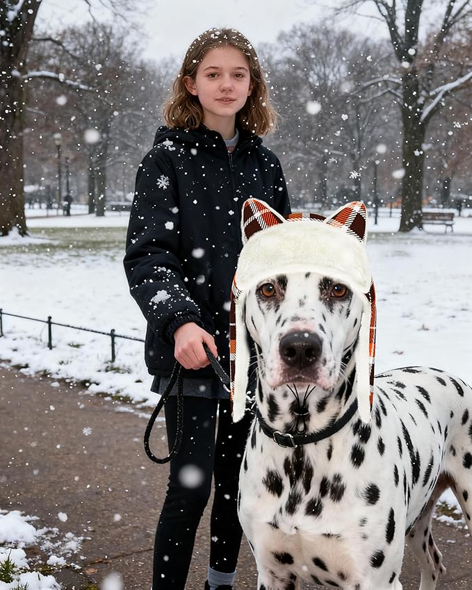 PET SHOW Dog Trapper Hat Winter Hat for Medium Large Dogs Fall Thanksgiving Warm Fleece Aviator Hats with Ear Flaps Adjustable Outdoor Boy Pet Pilot Costume Cap L-Orange Plaid/Without Ear Holes