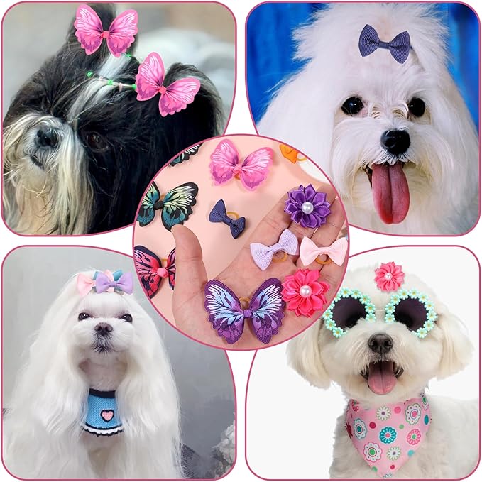 36 Pcs Small Dog Hair Bows with Rubber Bands Handmade Tiny Pet Grooming Accessories Butterfly Small Dog Knotted Bows Multicolor Pearls Flower Elastic Hair Ties Bands for Puppy Cats Pets