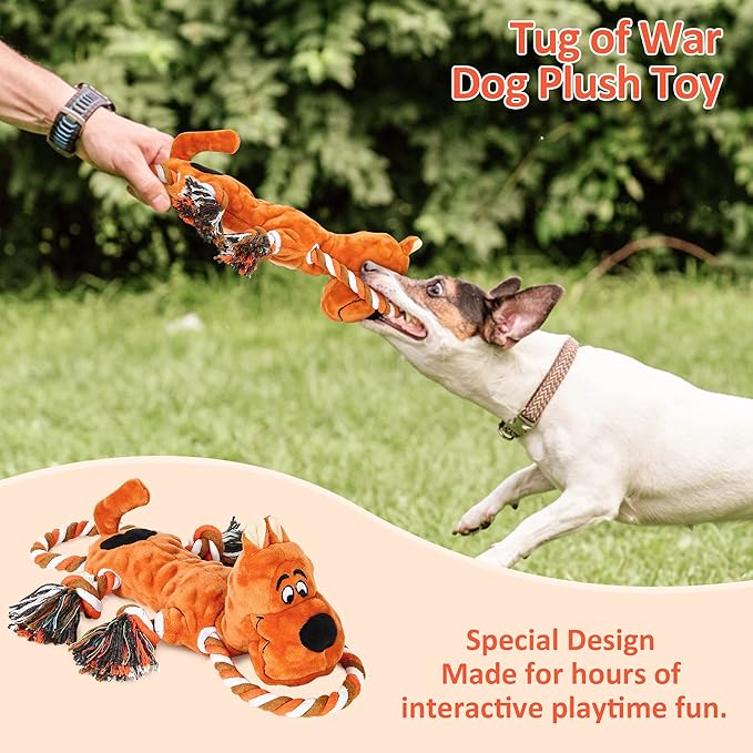 IOKHEIRA Tug of War Plush Dog Squeaky Toys with Crinkle Paper, Knotted Rope for Teeth Cleaning & Boredom