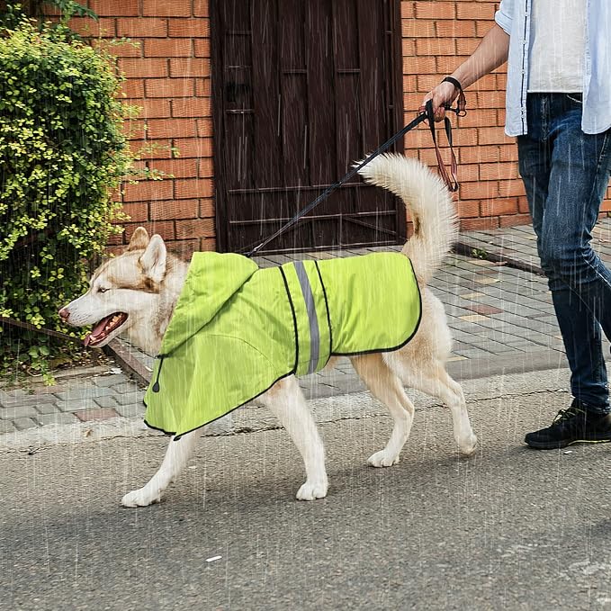 Reflective Dog Raincoats - Waterproof Lightweight Dog Raincoat Rain Poncho, Adjustable Dog Raincoats Jacket for Night Dog Walking (Large, Green)