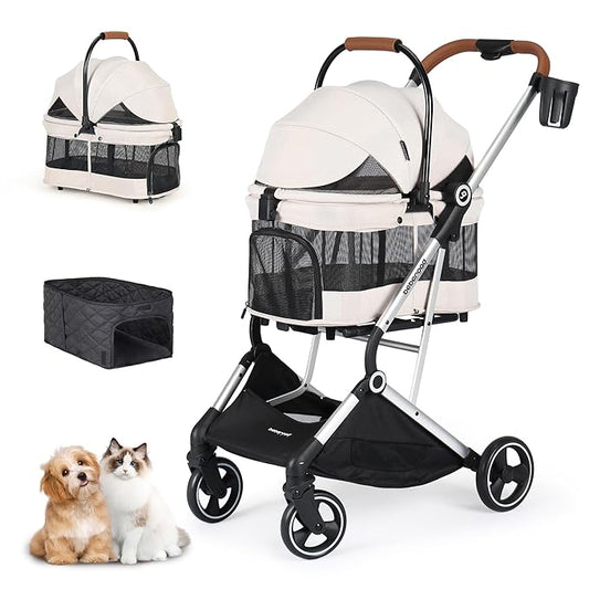 T3 Pro 3-in-1 Small Pet Stroller for Dog & Cats, 4 Wheels with Detachable Carrier with Pad, Canopy and Cup Holder, Beige & Net Wall