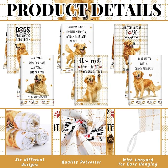 Redbaker 6 Pcs Golden Retriever Kitchen Towels Funny Dish Towel Gifts for Golden Retriever Lovers Kitchen Hand Tea Dishcloth Dog Owner Decorative with Hanging Loop for Christmas Home Housewarming Gift