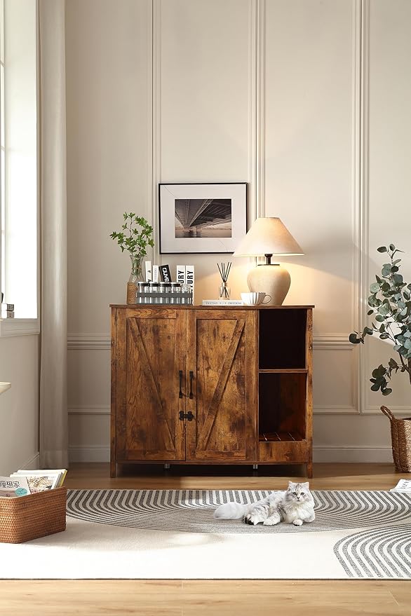 Large Cat Litter Enclosure with Litter Collector, Enclosure for self-Cleaning Litter Boxes,Adjustable Shelf for Dog Proof,Charging Station,Locks Added for cat,Cat House,Rustic Brown