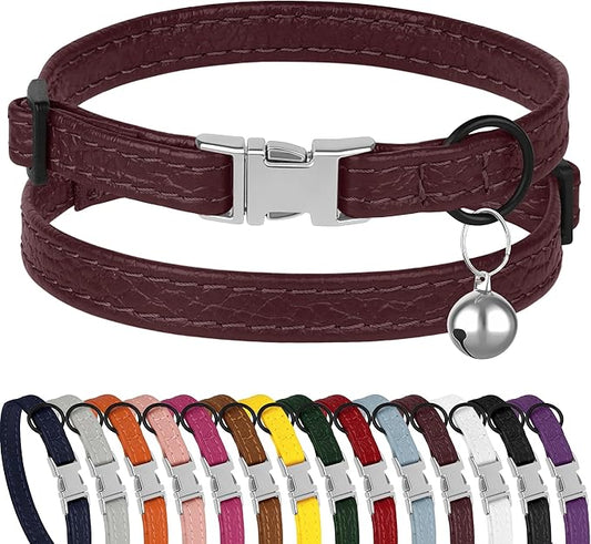 Leather Cat Collar with Buckle and Removable Bell - Non Breakaway Adjustable Soft Safety Small Pet Collars for Girl Boy Cats Kitten (Burgundy)