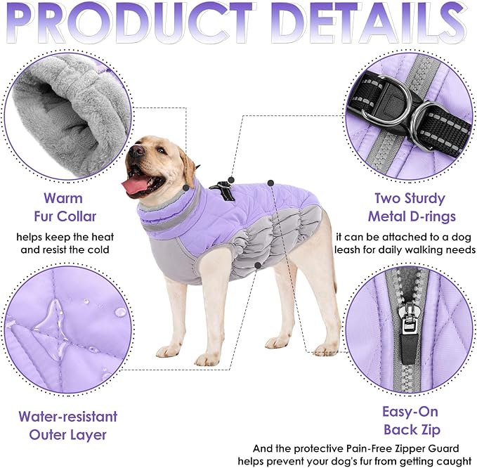 AOFITEE Dog Coat, Warm Dog Winter Coat, Reflective Turtleneck Large Dogs Jacket with Harness Built in, Turtleneck Pet Winter Jacket, Waterproof Pet Snow Jackets Fleece Vest, Lilac XL