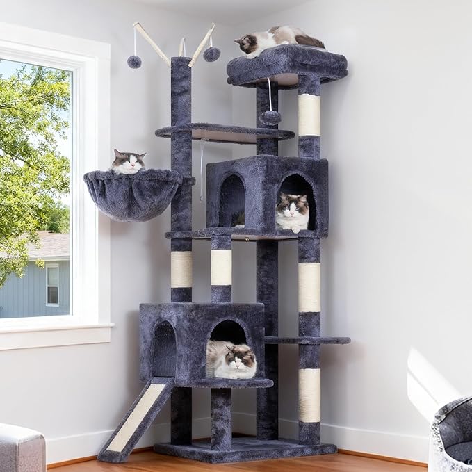 Hey-brother Cat Tree Tower, Sturdy Scratching Posts with Platform, Large Condos, Hammock, Removable Toys, Scratch Board, Multi-Level Furniture for Indoor Cats, 59.0 or 72.8 Inches, Smoky Gray MPJ055G