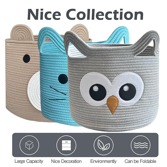 VK VK·LIVING Owl Storage Basket for Gift Foldable Cute Nursery Animal Toy Basket with Handles, Large Cotton Rope Baby Laundry Storage Organizer for Blanket Towels in Living Room Bedroom 15"Lx14"H