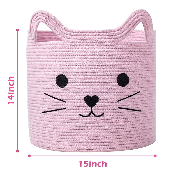VK VK·LIVING Cat Toy Basket Cute Cotton Rope Animal Storage Pink Laundry Baskets for Toys, Clothes,Gifts,Towels, Blankets, Pet Bed Pink Laundry Hamper for Organizing 15''x14''