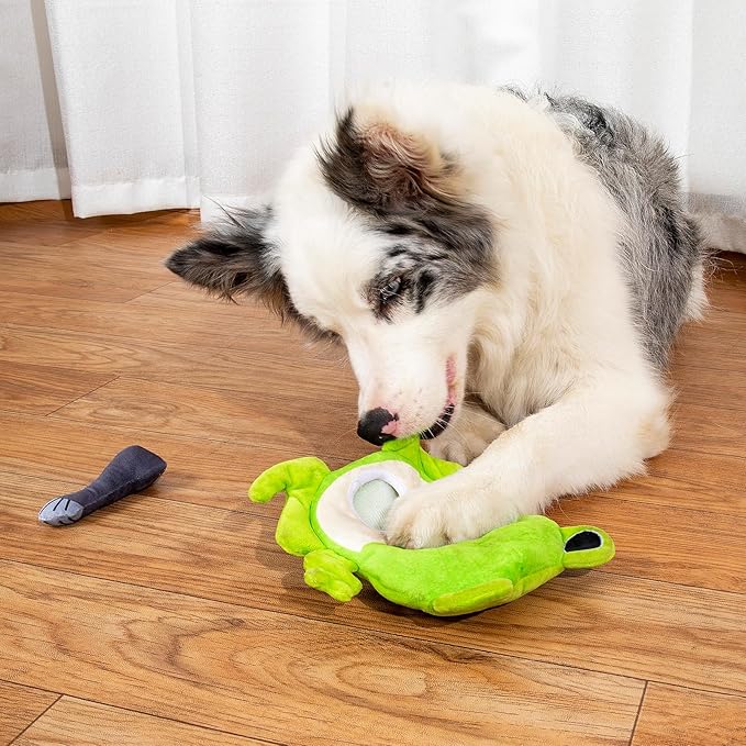 Hollypet Squeaky Dog Toy, Interactive Plush Hide and Seek Dog Toys for Small Medium Sized Dogs and Non-Aggressive Chewers, Puppy Teeth Clean Chew Toys, Frog