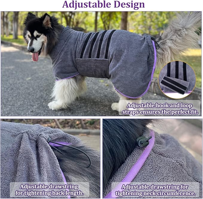 Dog Drying Coat Bathrobe Towel,Microfibre Material Fast Drying Super Absorbent Dog Bath Robe, Pet Quick Drying Moisture Absorbing with Adjustable Collar and Waist
