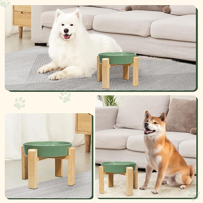 Elevated Slow Feeder Dog Bowl - Puzzle Maze Dish with Bamboo Stand - Raised Ceramic Food Bowl for Medium and Large Dogs - Green - 8.8 inch