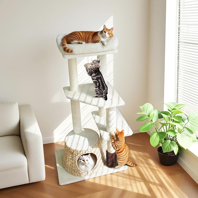 43.6” Rattan Cat Tree Tower with Woven Cat House - Multi-Level Condo & Scratching Posts - Sisal Poles, Grooming Brush, Plush Perch & Dangling Toy, Stylish Cat Furniture for Indoor Cats