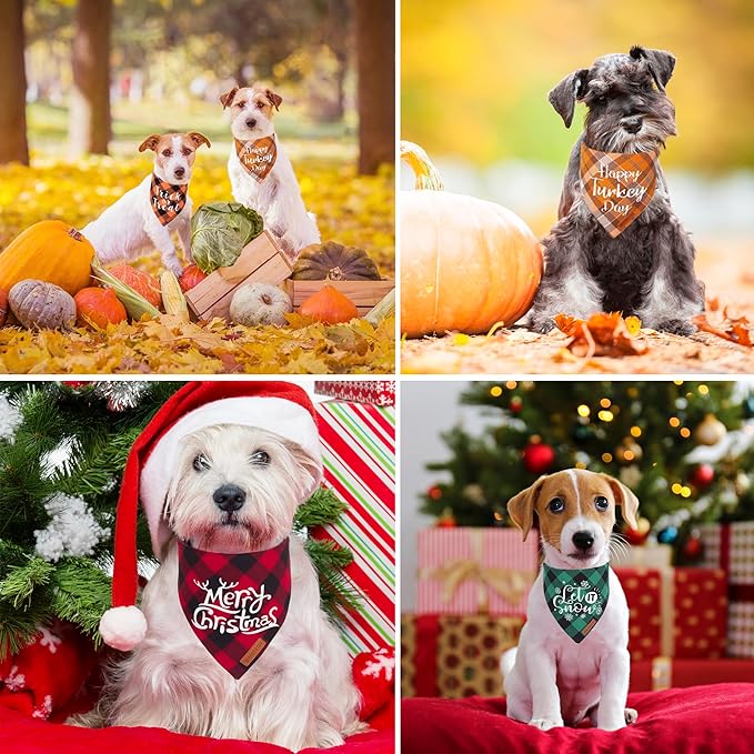 ADOGGYGO 4 Pack Plaid Holiday Dog Bandana, Halloween Thanksgivng Christmas Puppy Scarf Kerchief Christmas Thanksgivng Halloween Bandanas for Small Dogs (Small)