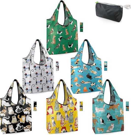 BeeGreen Gifts for Cat Lovers 6 Pack Cats Reusable Grocery Bags with Elastic Band Reusable Shopping Bags Bulk 50LBS X-Large Foldable-Machine Washable-Heavy Duty Kitten Bags