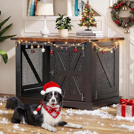 VOPEAK 40" Farmhouse Dog Crate Furniture, Heavy Duty Dog Cage for Medium Large Dogs, Dog Crate Dog Kennel Indoor with Double Doors, Chew Resistant End Table for Bedroom Living Room, Black