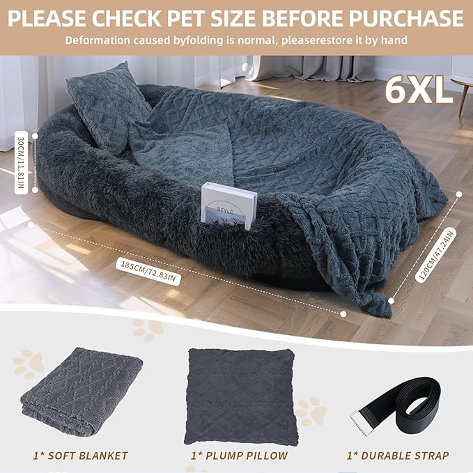 Human Dog Bed, 71''x45''x12'' Size Fits You and Pets, Washable Faux Fur Pet Bed for People Doze Off, Napping Orthopedic Dog Bed, Present Plump Pillow, Blanket, Strap - Dark Grey