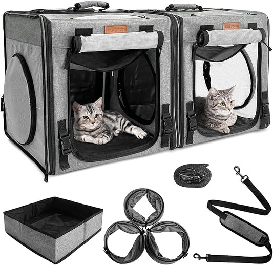 PETUX 2-in-1 Double Cat Carrier for Multiple Cats - 34"x17"x17", Portable, Foldable, Large Cat Travel Carrier with Litter Box, Play Tunnels and Hammock for Car Travel ＆ Vet Visit - Grey