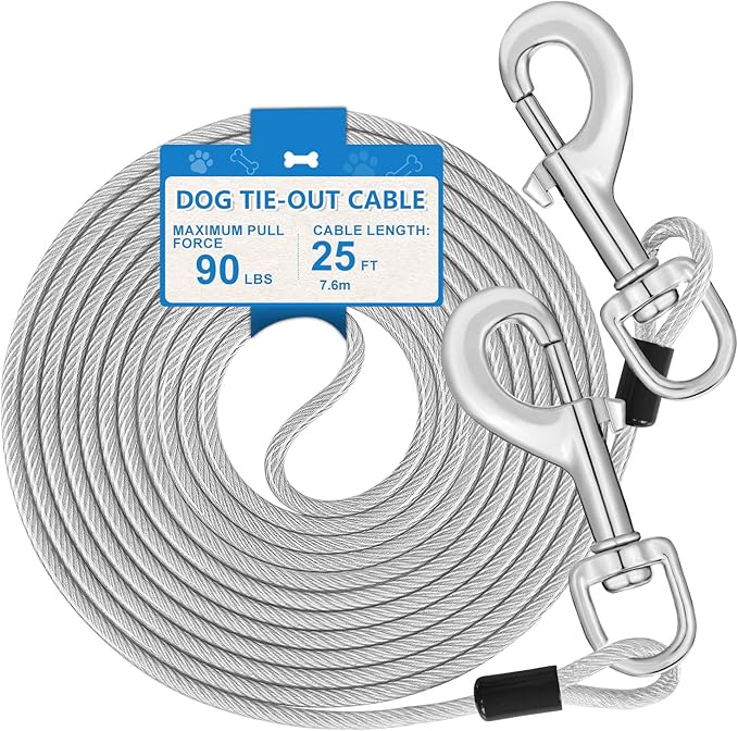 25ft Dog Tie Out Cable, Dog Leash Heavy Duty Tie Out Cable for Large Dogs Up to 90lbs Pull Force, Dogs Runner for Yard Outdoor and Camping, L, Silver