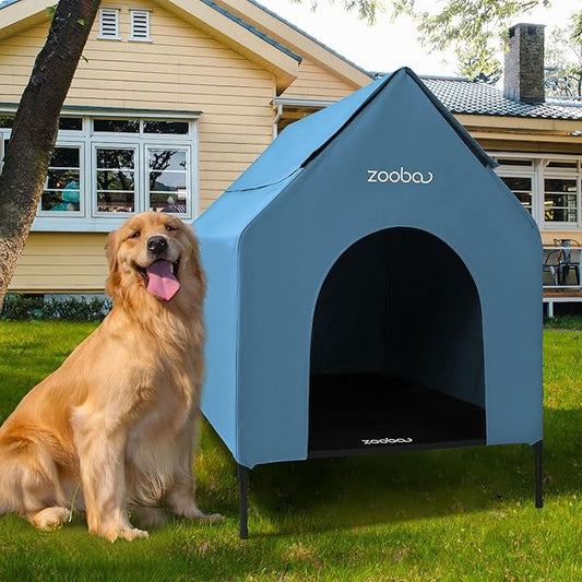 36" Large Dog House for Large Dog Indoor or Outside, Weatherproof 600D PVC Outdoor, Featuring Breathable 2x1 Textilene Elevated Dog Bed, Easy Clean (Blue)