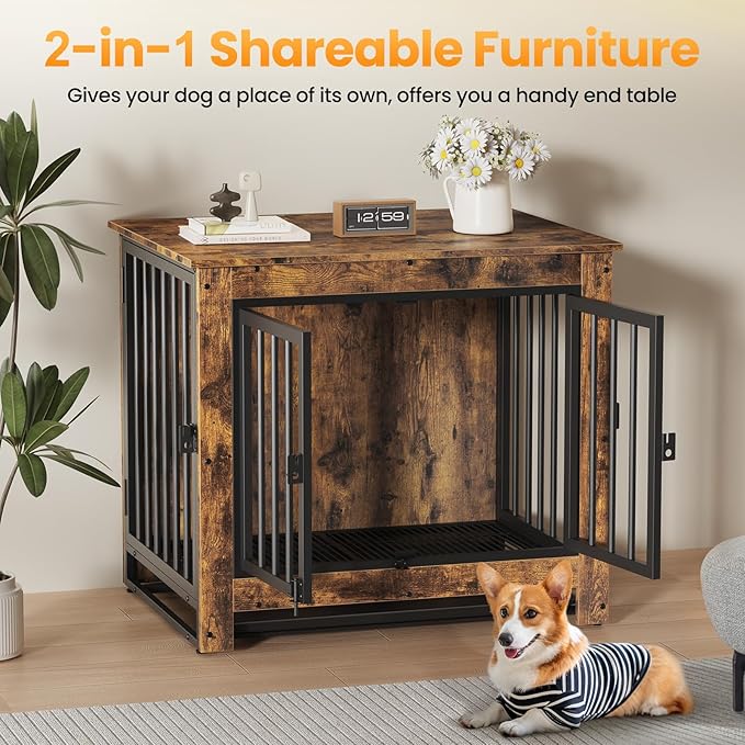 Dog Crate Furniture, Dog Crate End Table for Small and Medium Dogs,Wooden Cage Kennel Furniture Indoor, Modern Dog Crate with Multi-Purpose Removable Tray, Double-Doors Dog Furniture, Rustic Brown
