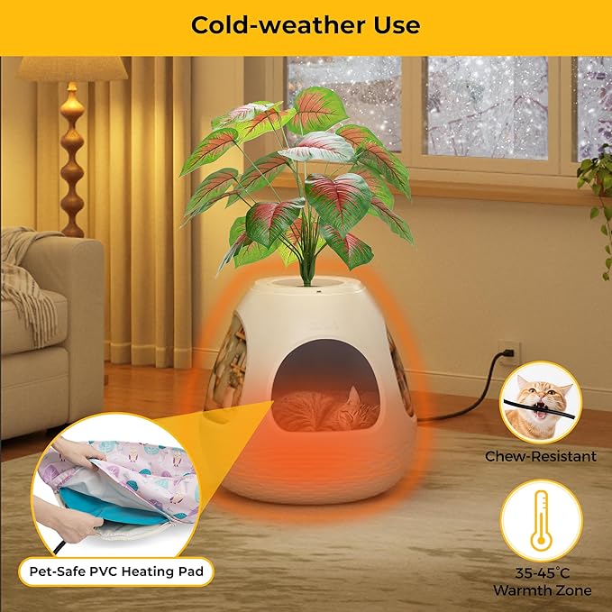 Copod8 Cat Bed Heated Pet Cave 4-in-1 Kitty Warming House Condo with Replaceable Scratching Board, Heating Pad and Air Purifier for Indoor Cats Rabbits Guinea Pigs Small Dogs (White)