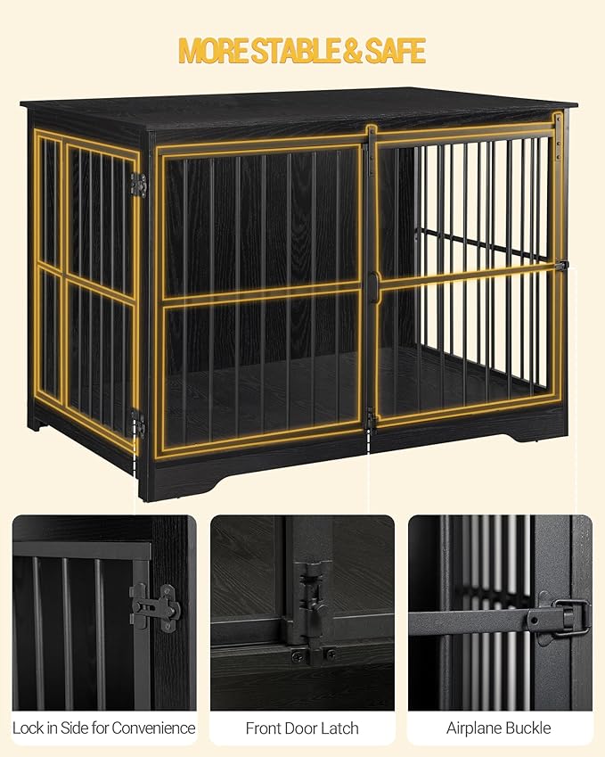XL Large Dog Crate Furniture, 44.1" Indoor Dog Kennel Furniture with Barn Door, Wooden Tall Dog Crate, Heavy Duty Dog Cage for Large Dogs, Side End Table, Anti-Chew, Black DFC80104B