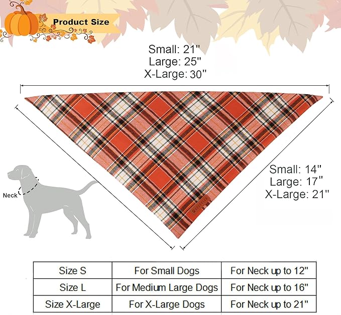 ADOGGYGO Fall Dog Bandanas 2 Pack, Premium Cotton Fabric, Orange Plaid Holiday Pet Scarf, Fall Thanksgiving Halloween Bandanas for Extra Large Dogs (X-Large)