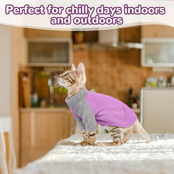 PUMYPOREITY Turtleneck Sweater for Sphynx Cat, Soft Coral Fleece Cat Clothes, Thick Winter Warm Outfit Coat with Sleeves, M, Purple