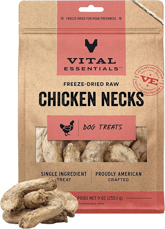 Vital Essentials Single Ingredient Chicken Necks Dog Treats, 9 oz | Freeze-Dried Raw | Premium Quality High Protein Training Treats | Grain Free, Gluten Free, Filler Free