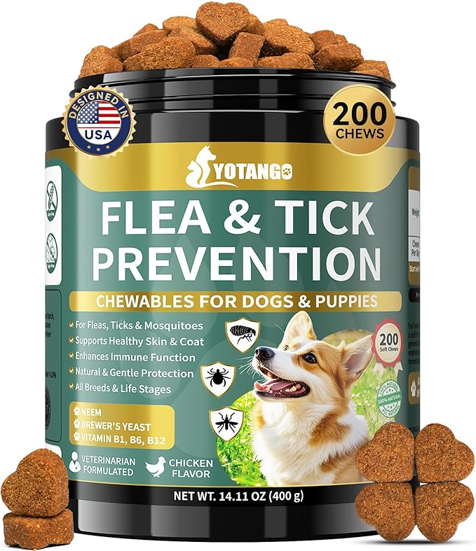YOTANGO Flea and Tick Prevention for Dogs Chewable, 200 Soft Treats Natural Dog Flea and Tick Treatment Chewable, Oral Flea Supplement Chews, Skin & Coat Support for Dogs Puppies - All Breeds & Ages