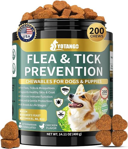YOTANGO Flea and Tick Prevention for Dogs Chewable, 200 Soft Treats Natural Dog Flea and Tick Treatment Chewable, Oral Flea Supplement Chews, Skin & Coat Support for Dogs Puppies - All Breeds & Ages