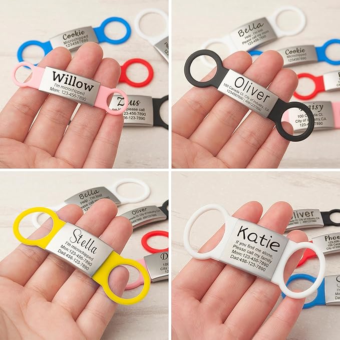 Anavia Slide On Silent Pet ID Tags Cat Dog Name Tags, Multi-Color Silicone Band Personalized Engraved Stainless Steel Tag, Customized Chew-Proof Quiet Dog Collar Tags (X-Large, Black)