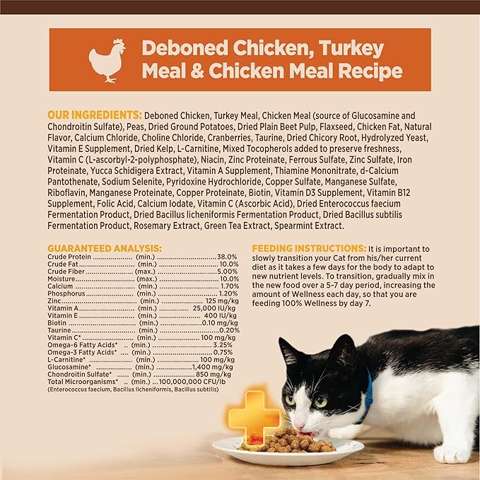 Wellness CORE+ Adult Dry Cat Food for Indoor Cats, Grain Free, Natural, Chicken, Turkey & Chicken Meal (11 Pound Bag)