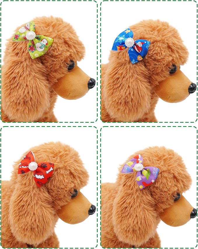 PET SHOW 10 Pack 2" Christmas Small Dogs Hair Bows with French Clips Rhinestone Yorkie Barrette Clip Bowknot for Medium Dogs Puppy Pet Xmas Topknot Cat Grooming Hair Accessories