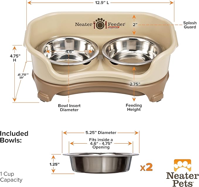 Neater Feeder Express Mess Proof Cat Bowls Elevated, No Spill Feeding Station, Stainless Steel Dishes for Food and Water, Raised Bowls for Indoor Cats, No Fatigue Whisker Friendly Dish, Cappuccino