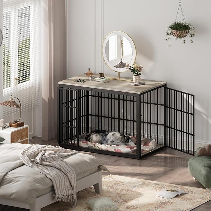 Lyromix 54" Dog Crate Furniture with Foldable Door, XXL Dog Crates for Large Dogs, Wooden Decorative Dog Cage Kennel Indoor End Table, Grey