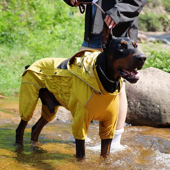 LOVELONGLONG Fleece-Lined Dog Raincoat with Removable Hood – Waterproof Winter Full Body Dog Jacket – Windproof Snowproof Cold-Weather Suit – Yellow-F XL