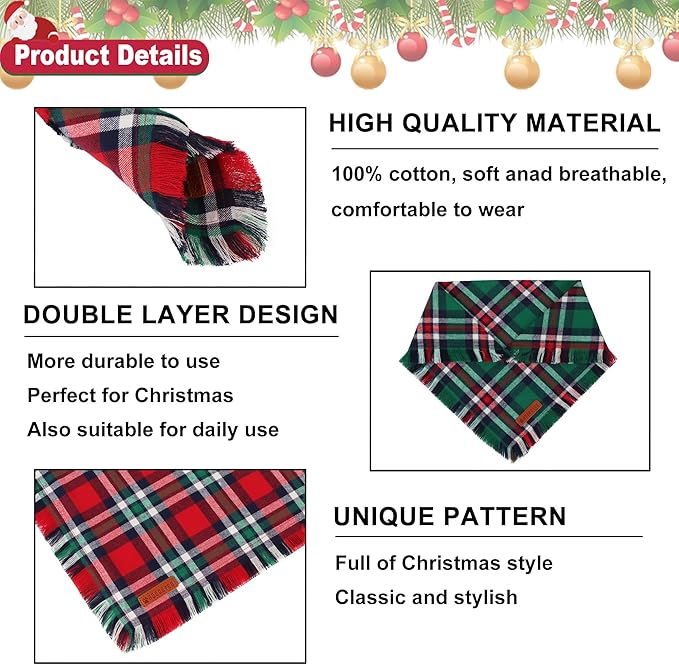 ADOGGYGO Christmas Dog Bandanas with Tassels, Festive Red Green Plaid Xmas Scarf Bib, Soft Cotton Fabric, Pet Christmas Bandanas for Medium Large Dogs (Large)