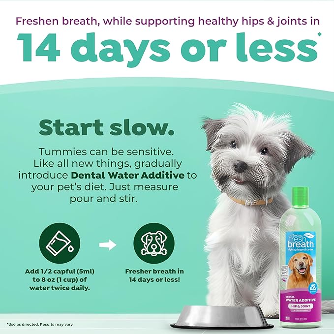 TropiClean Fresh Breath Water Additive for Dogs with Glucosamine, Hip and Joint Support for Dogs, Breath Freshener & Teeth Cleaning Solution, 33.8oz.