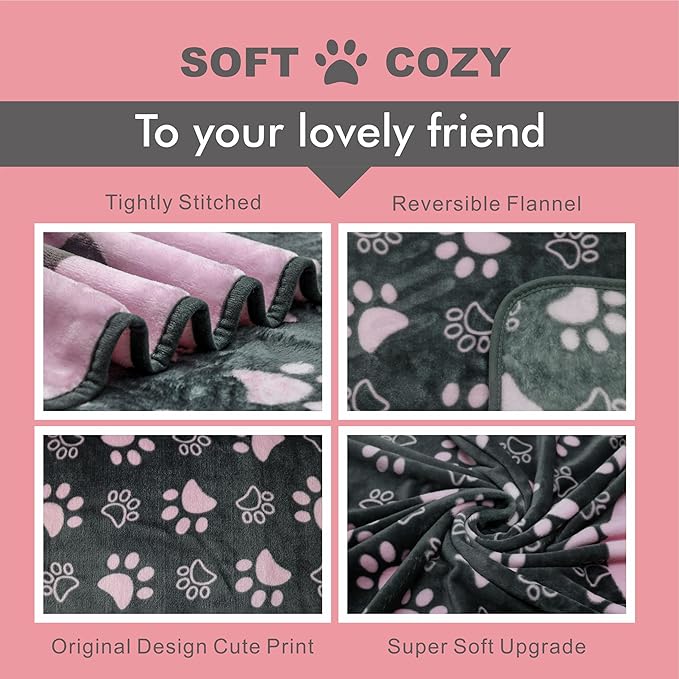 Upgraded Dog Blankets for Large Dogs, Cat Flannel Blankets Washable, with Premium 300GSM Soft Pet Throw Cover for Kennel Crate Bed, Cute Paw Pattern,50x60 inch,Grey & Pink.